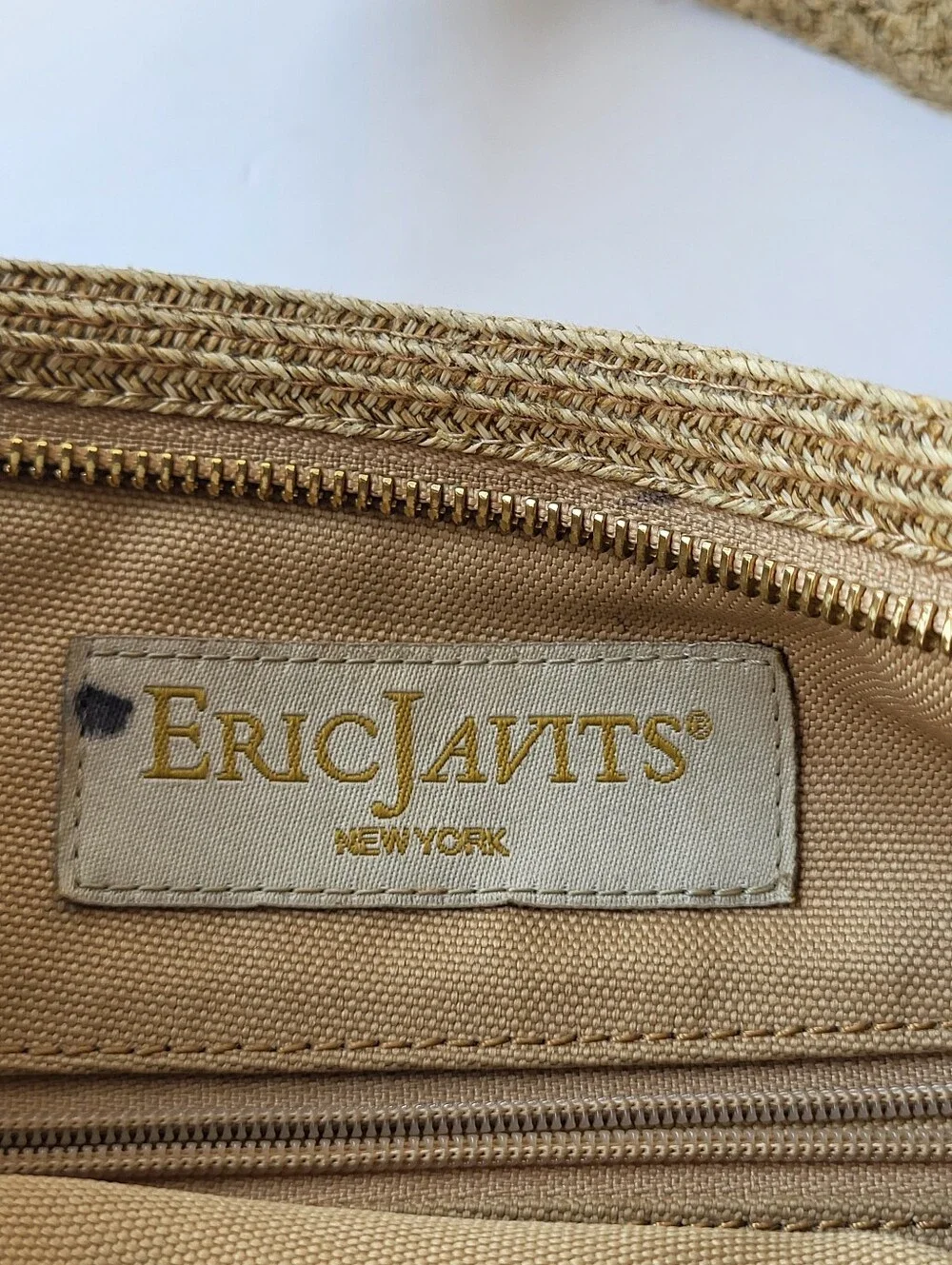Eric Javits Squishee Tan Woven Hobo Shoulder Bag Gold Ring EUC